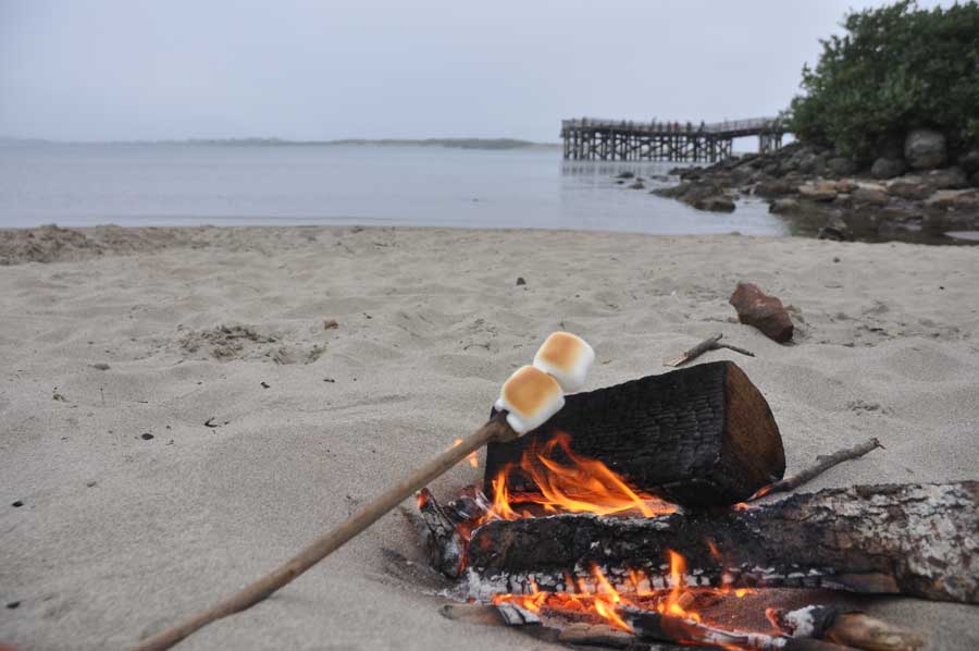 Fire on beach roasting S'mores
